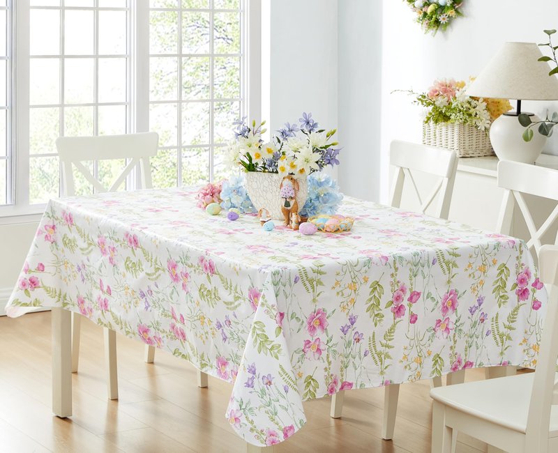 Newbridge Wildflower Fields Floral Vinyl Flannel Backed Tablecloth, 60 x 84 Inch Rectangle, Pink and Purple Wild Flowers Easy Care Vinyl Tablecloth with Flannel Backing for Holiday Party