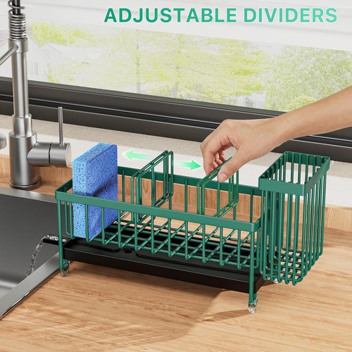 Cisily Kitchen Sink Caddy Organizer - Rustproof 304 Stainless Steel with High Brush Holder | Dark Green, 9.25”