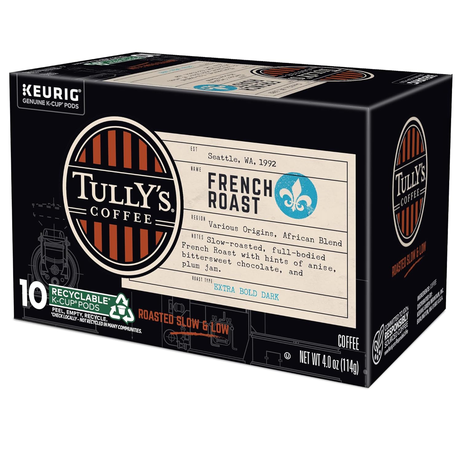 Tully's Coffee French Roast K-Cup Pods - Dark Roast Coffee, 60 Count (6 Packs of 10)