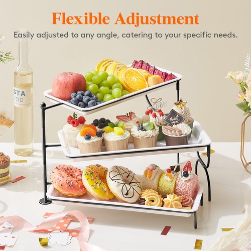 Lifewit 3 Tier Serving Tray, 36 x 17 cm/14 x 6.5 White Plastic Tiered Food Serving Platters, Rotating Tiered Tray Stand for Party with Black Collapsible Metal Stand, Dessert Table Stands for Cookies