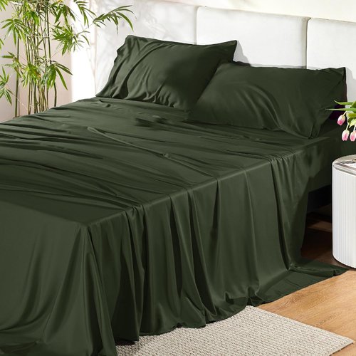 Bedsure Cooling California King Sheet Set - Breathable Rayon from Bamboo, Deep Pocket, Olive Green