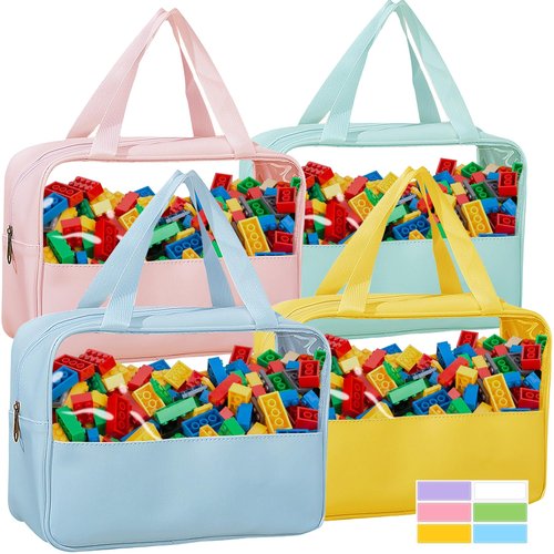 Dcwunk 4-Pack Large Toy Organizer PU Leather Organizer Bag with Zipper, Toy Organizer Bag with Portable Handheld Device, Waterproof Toy Bag Storage for Board Games Clay, Building Blocks, Toys (4 Pack)