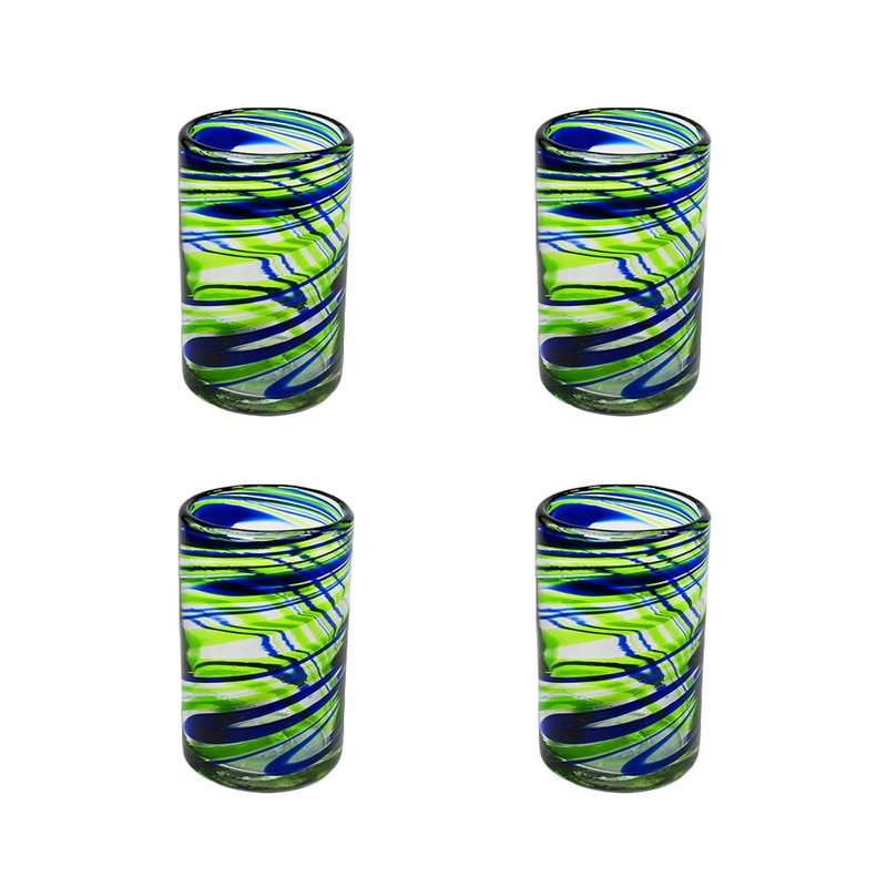 Tumblers, Aqua Swirl, Set of 4, 16 oz, Hand Blown by Mexican Artisans from 100% Recycled Cola Bottles, Eco-Friendly, Sustainable, Expert Craftsmanship, passed down through Family Generations