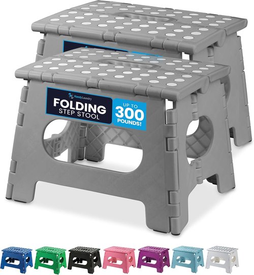 Handy Laundry Folding Step Stool - Lightweight & Sturdy for Adults and Kids - Easy One Flip Open (Grey | 2-Pack)
