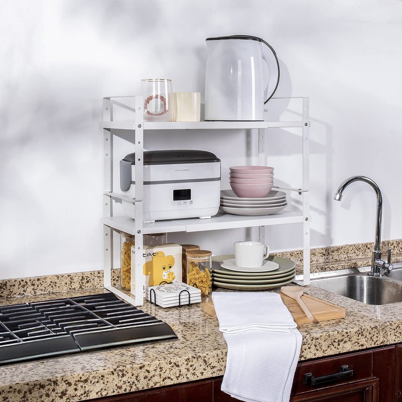 Across-Star Expandable Cabinet Shelf Organizer Rack, Stackable Kitchen Counter Storage Shelves Stand, Adjustable Height Pantry Shelf Spice Rack (White, 1 Pack)