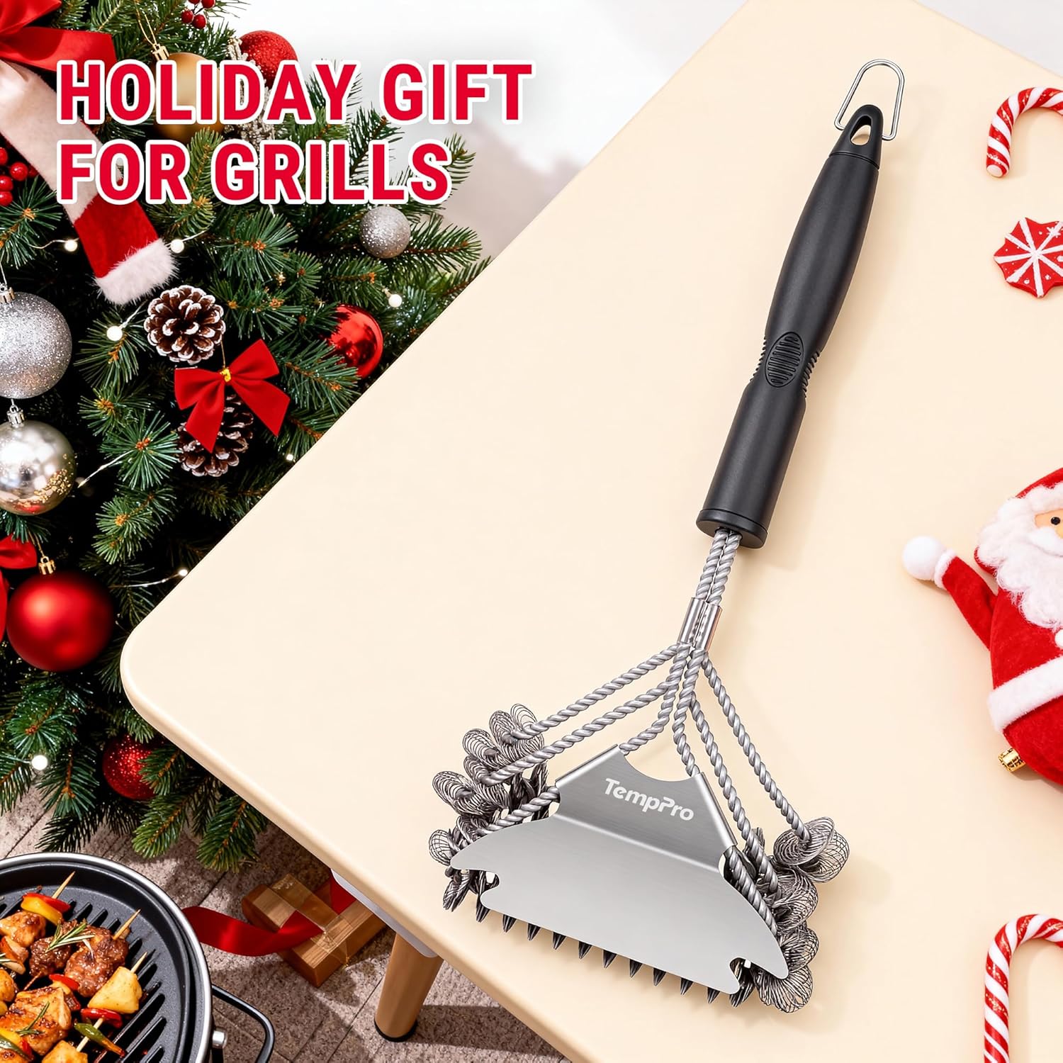 TempPro BBQ Grill Brush - Bristle-Free Stainless Steel Cleaner with Wide Scraper | Safe All-Grate Accessory