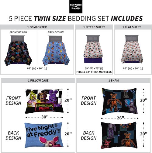 Franco Kids Bedding | Five Nights At Freddy's Super Soft Comforter & Sheet Set - Twin Size, 5 Pieces