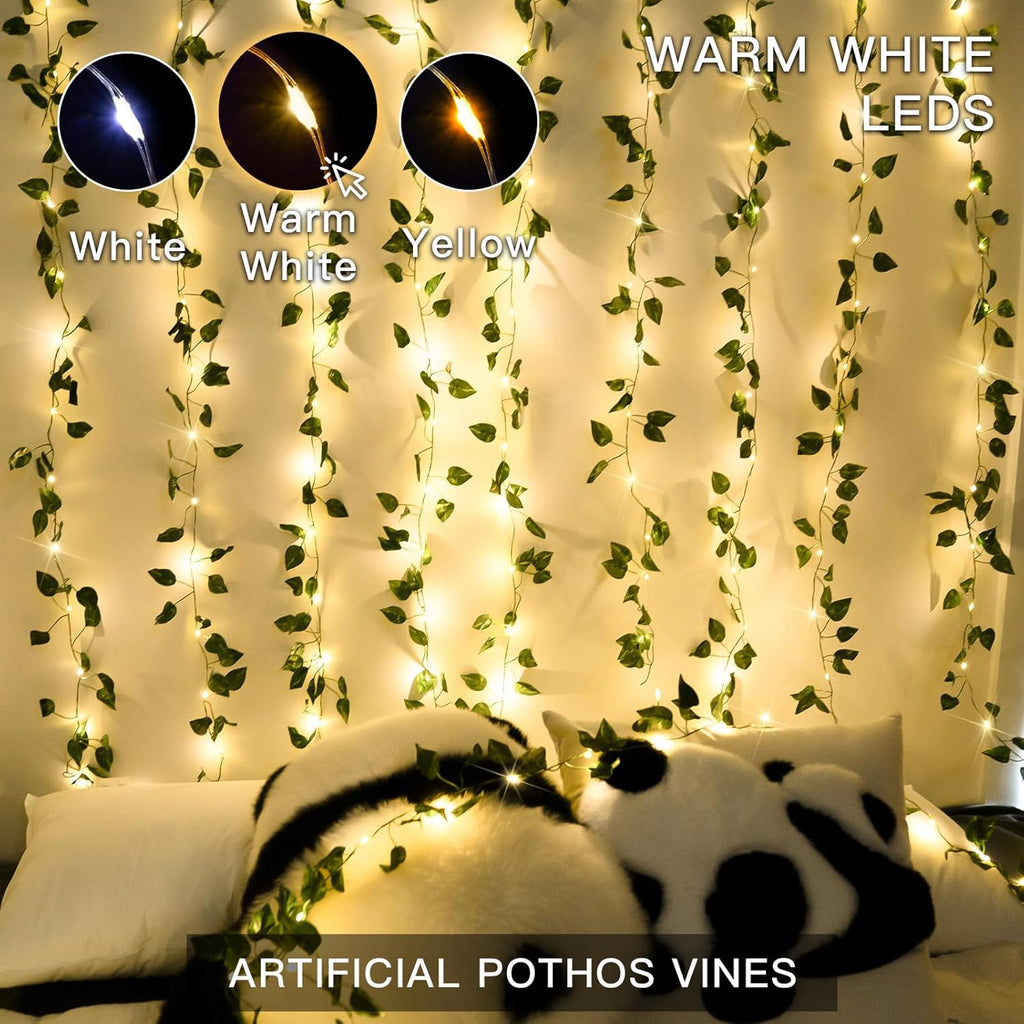 Suddus Artificial Pothos Vines with Fairy Lights - Battery Operated Leaf Decor for Bedroom, Garden & Events