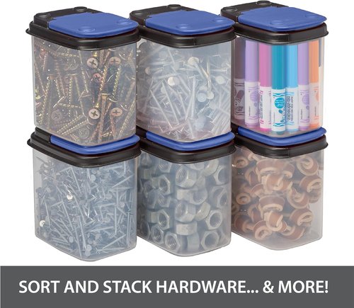 Buddeez Multi-Purpose Storage Bins - Clear Organizers with Blue Stackable Lids | 1 Quart, 8 Pack