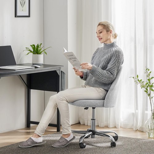 Sweetcrispy Armless Vanity Chair, Cute Comfy Home Office Desk Chair with Wheels, Modern Upholstered Task Computer Seat for Bedroom, Study, Makeup Vanity, Height Adjustable & Swivel, Classic Gray