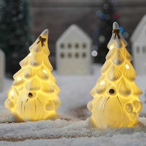 AOMOONOA Ceramic Christmas Tree Gnomes - Lighted Tabletop Decor for Indoor Holiday Cheer - White