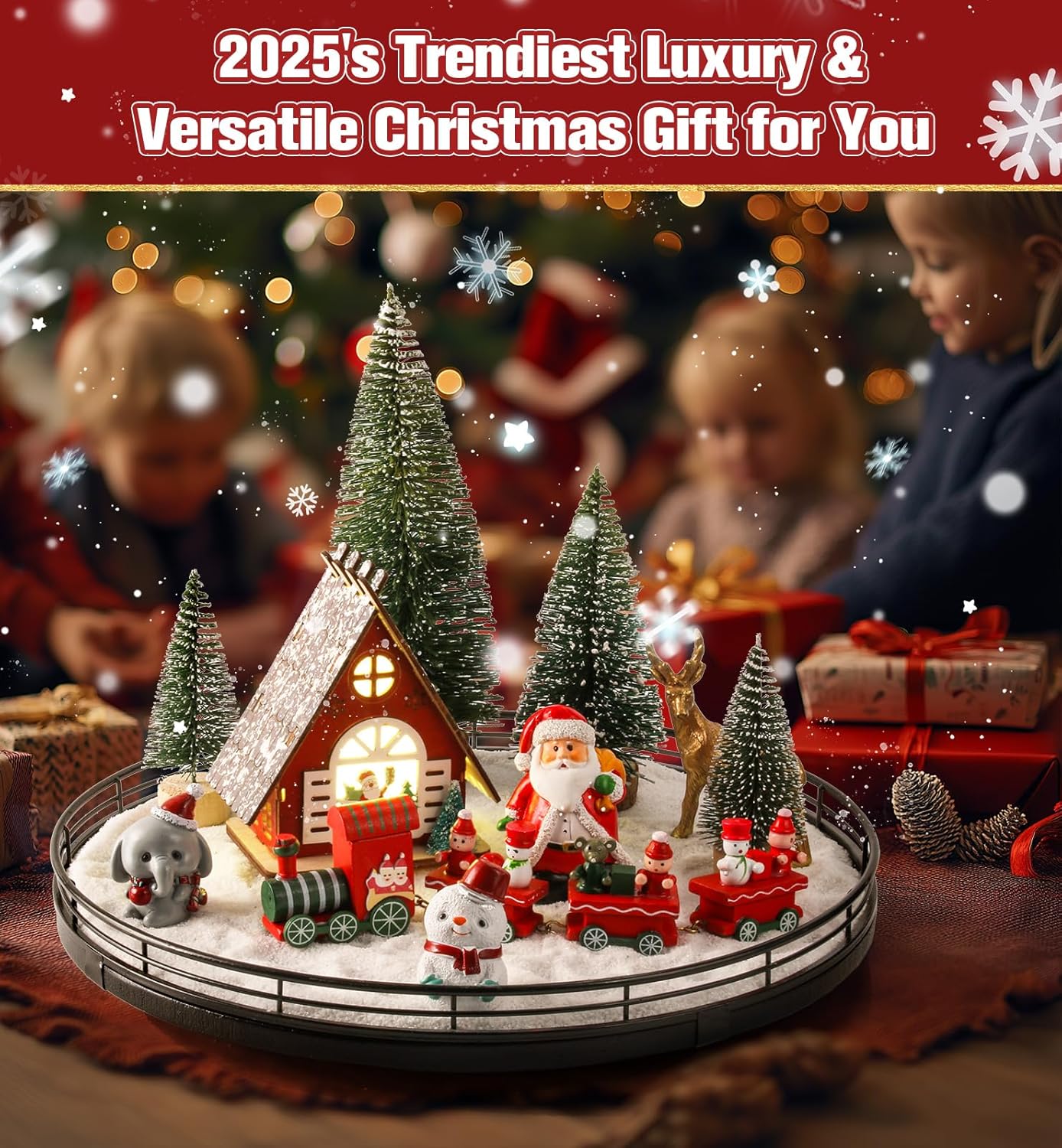 Oroyutor Christmas Village Set - 12 Pcs Oak Wooden Lazy Susan with Santa Train & Trees | 13" Holiday Decor
