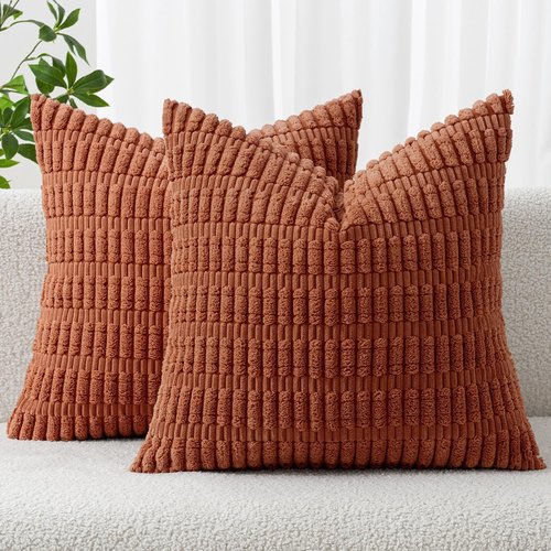 MIULEE Decorative Pillow Covers - Pack of 2 Dark Rust Corduroy | Soft Boho Striped 16x16 Inch for Modern Farmhouse Decor