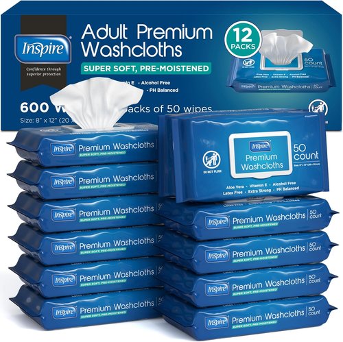Inspire Adult Wet Wipes - Incontinence Cleansing Cloths for Elderly | 8"x12", 12 Packs of 50