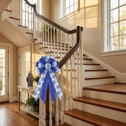 Chinoiserie Blue Wreath Bow - 21 Inch Large Floral Wired Ribbon for Spring Door Decor