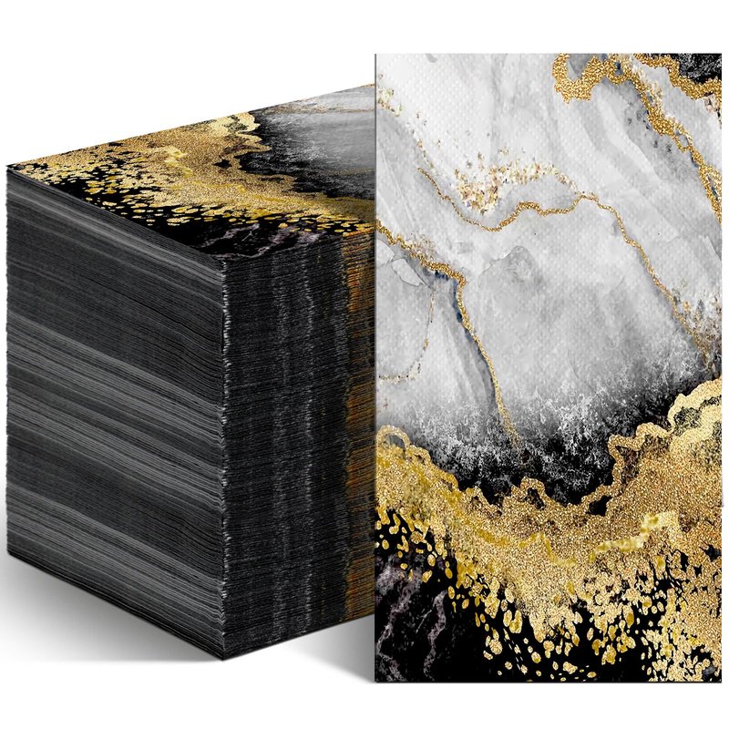 Geyoga 100 Pcs Marble Guest Napkins 2 Ply Disposable Guest Bathroom Paper Black Gold Decorative Napkins Marbleized Hand Towels for Home Bathroom Kitchen Party Table Decor