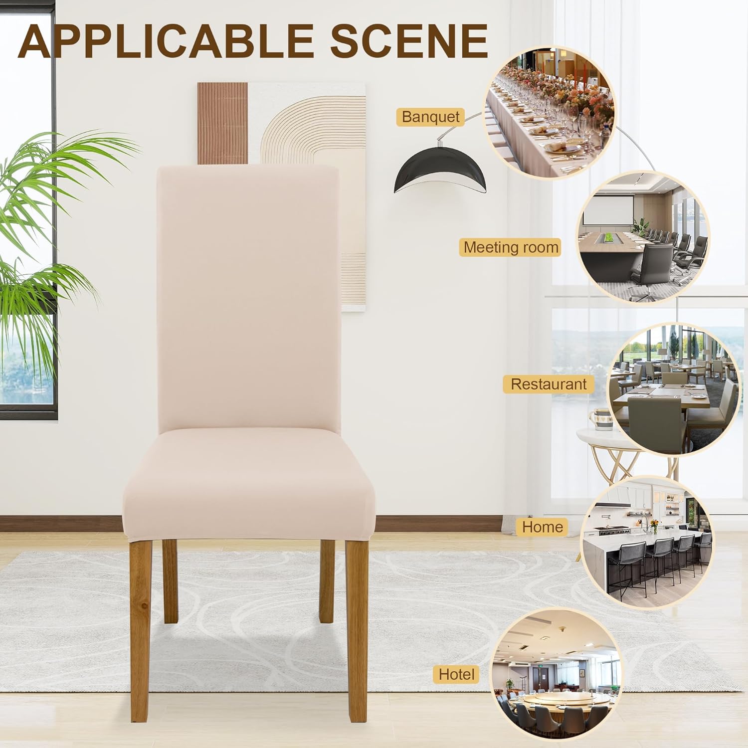 Skiennix Dining Chair Covers - Stretch Washable Slipcovers Set of 6 | Beige Protective Covers for Home & Restaurant