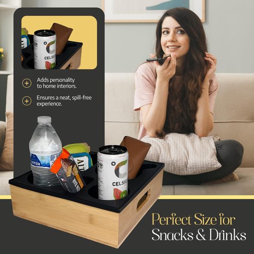 Bamboo Couch Cup Holder – 100% Wood Frame & Removable BPA-Free Silicone – Waterproof Anti-Spill Couch Tray & Couch Caddy for Bed, Sofa & Car Seat – Holds Snacks, Beverages & Remote
