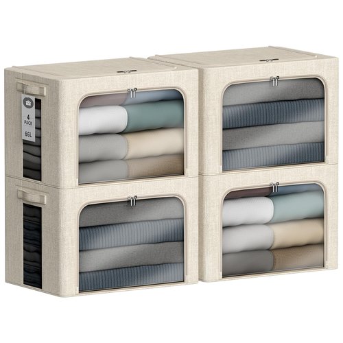 Chizjox 4 Pack Clothes Storage Bins with Metal Frame - 66L Stackable Storage Box with Lid，Foldable Storage Container Organizer for Clothes，Linen Fabric Storage Box with Clear Window＆Zippers＆Handles