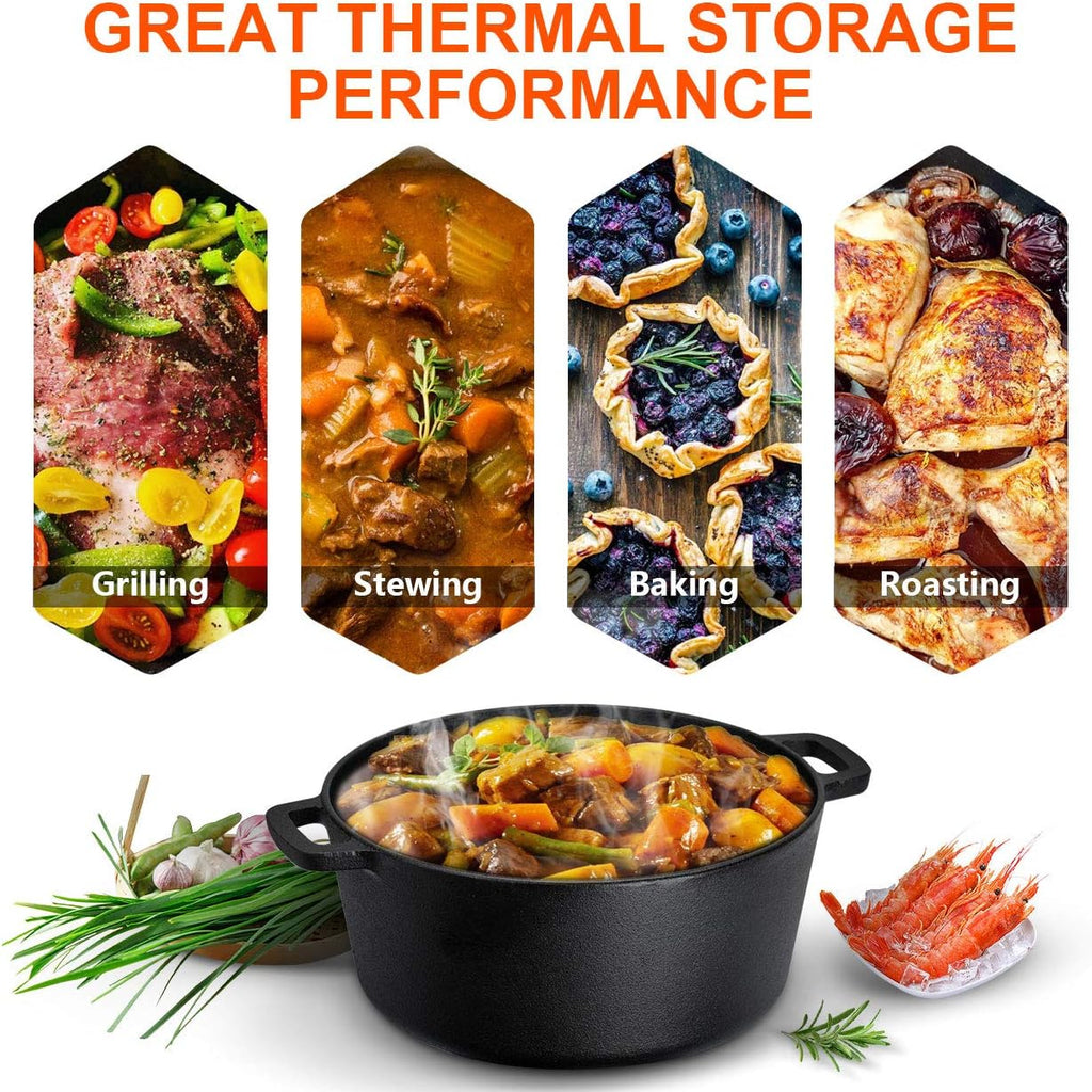 Overmont 5QT Cast Iron Dutch Oven - Pre-Seasoned All-in-One Casserole & Skillet Lid with Silicone Handle Covers