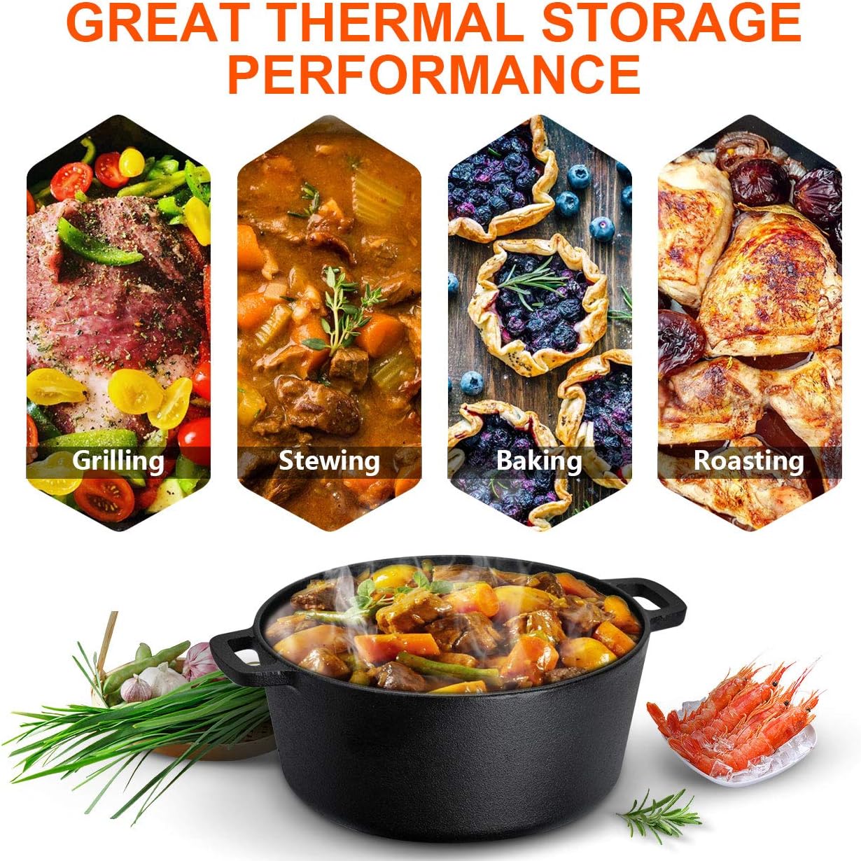 Overmont 5QT Cast Iron Dutch Oven - Pre-Seasoned All-in-One Casserole & Skillet Lid with Silicone Handle Covers
