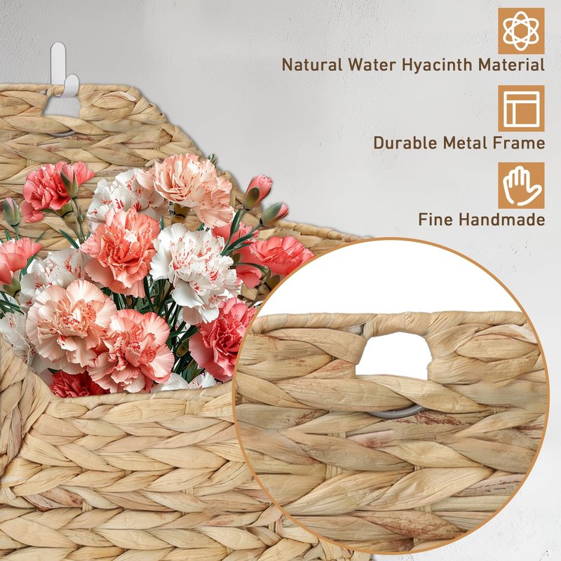 TKGKHK Wall Mounted Storage Baskets, 2PCS Handmade Water Hyacinth Storage Baskets Wall Hanging Organizing Container for Living Room,Bedroom,Kitchen (Large+Small)