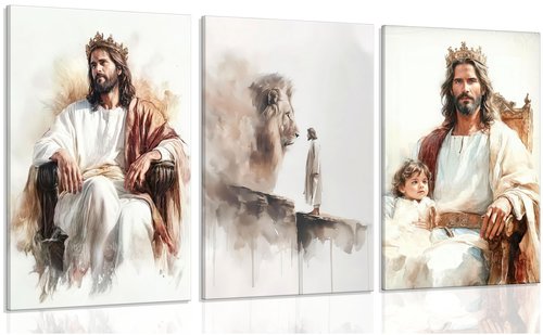 3pcs framed Jesus Wall Art Jesus with Children Wall Decor Lion of judah Paintings God Canvas Prints Religious Posters Room Bedroom Church Pictures Decoration
