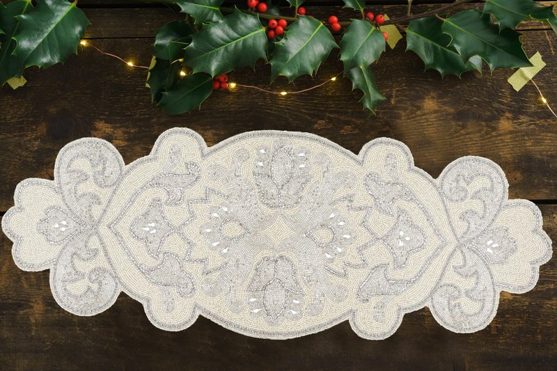 Homebia Designs Hand Beaded Decorative Farmhouse Glitz Table Runner for Wedding, Easter, Christmas Party Decorations - A Beautiful Complement to Your Dinner Table Décor-13x36 Inch- Silver Ivory