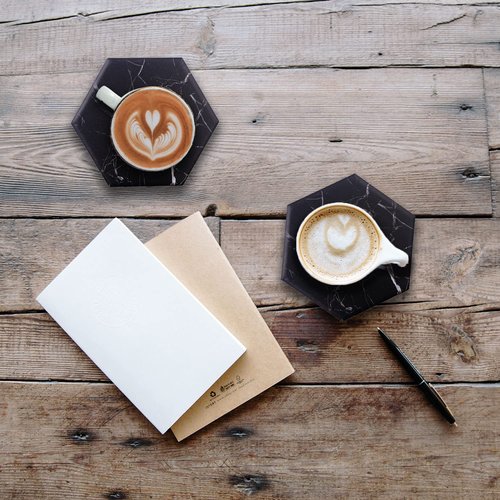 Warmroom Absorbent Hexagon Black Marble Coasters for Drink with Gold Holder and Cork Base Set of 6 Decorative Tabletop Protection for Bar Kitchen Home and Dining Room