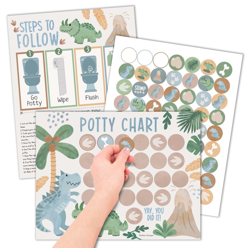 Hadley Designs Potty Training Chart for Toddlers Boys -10 Sticker Potty Chart for Toddlers Boys, 8.5x11" Potty Training Sticker Charts for Toilet Success, Dinosaur Toddler Reward Chart for Kids