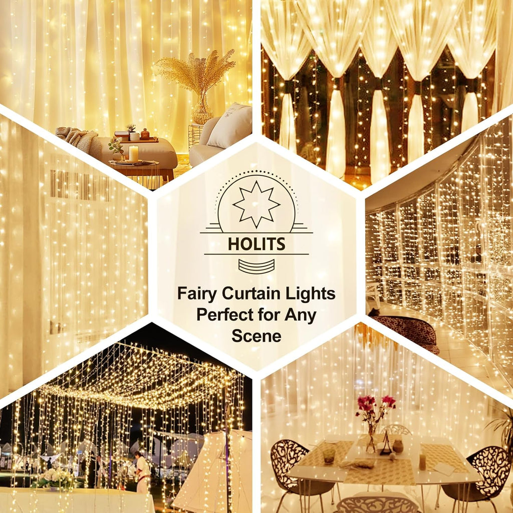 Skiennix 300 LED Fairy Curtain Lights - 9.8 x 9.8FT Warm White USB with Remote | 8 Modes for Christmas & Events