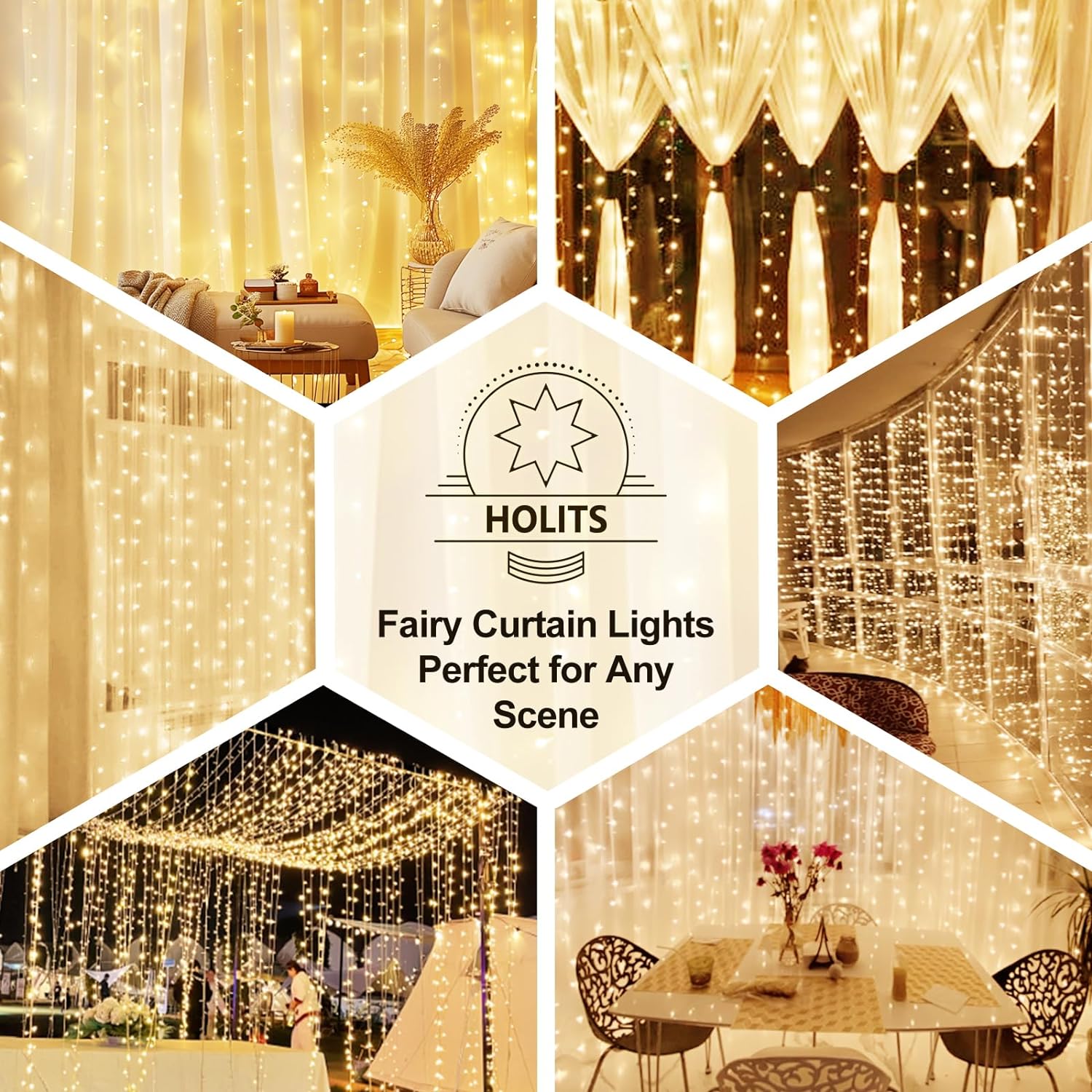 Skiennix 300 LED Fairy Curtain Lights - 9.8 x 9.8FT Warm White USB with Remote | 8 Modes for Christmas & Events