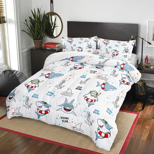 Cute Cartoon Shark Comforter Set, Deep Sea Diving Club Sharks Bedding Bedspread for Kids and Adults, Lovely Marine Life Pattern Quilt Bedroom Decor with 2 Pillow Cases (Queen, 01)