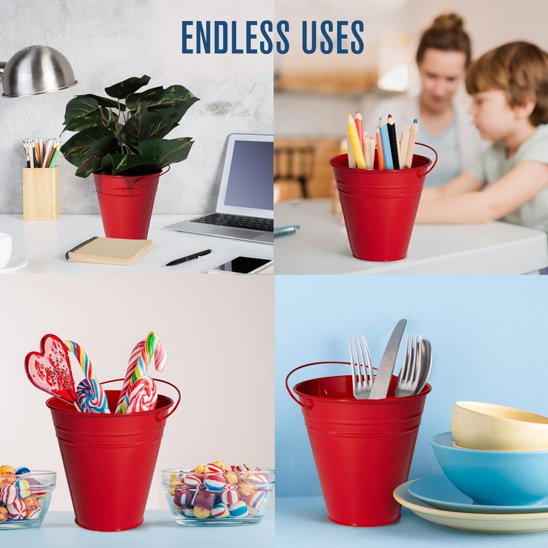 Houseables Red Bucket, Red Metal Bucket, Small Pail, Galvanized Pail, Mini Tin Container, Metal Pale, with Handle, Tin Cans for Crafts, Party Favor, Candy, Flower, Decorative, Little, 5 Inch, 12 Pack