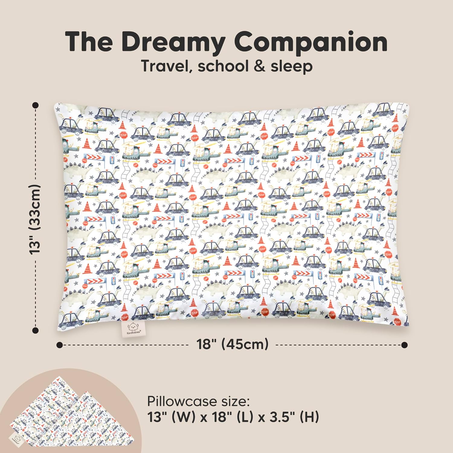 My Little Dreamy Toddler Pillow - Soft & Breathable Organic Cotton Travel Pillow | 13x18, Dino Patrol Design for Ages 2-5