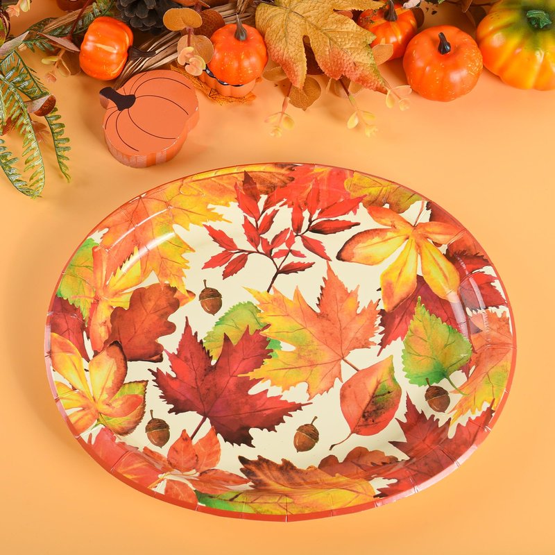 Elyxio 50 Pcs Thanksgiving Leaves Oval Paper Plates Fall Disposable Party Plates Autumn Dinner 10" X 12" Dinner Serving Dish Platters for Harvest Give Thanks Party Tableware Supplies
