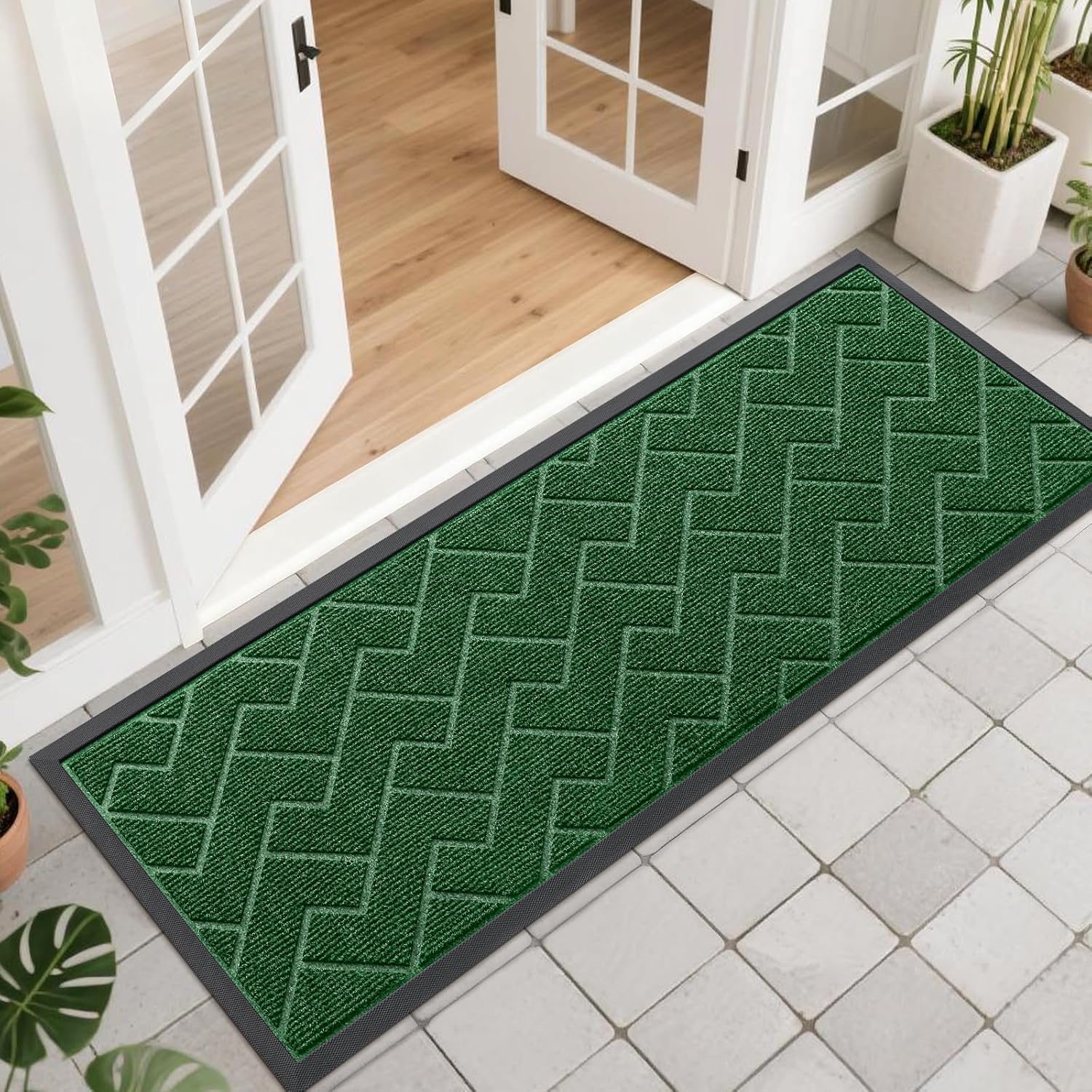 OLANLY Waterproof Front Door Mat - All-Season Indoor/Outdoor Doormat | Sturdy Natural Rubber, Herringbone Brick (Green, 47x17)