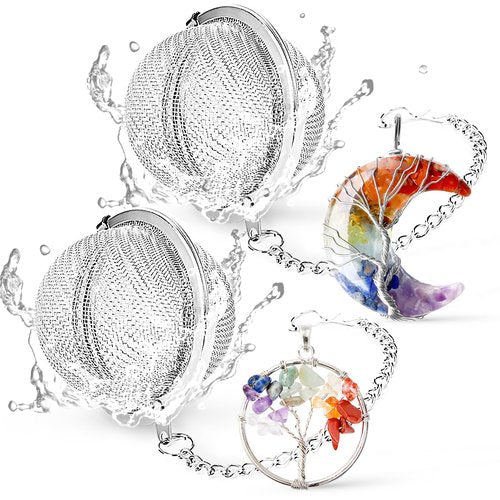 TeaSanavie 7 Chakra Healing Crystal Tea Infuser Set - Reiki Quartz Gemstone Wire Wrapped Crescent Moon & Tree of Life Pendants, Stainless Steel Loose Leaf Tea Steeper