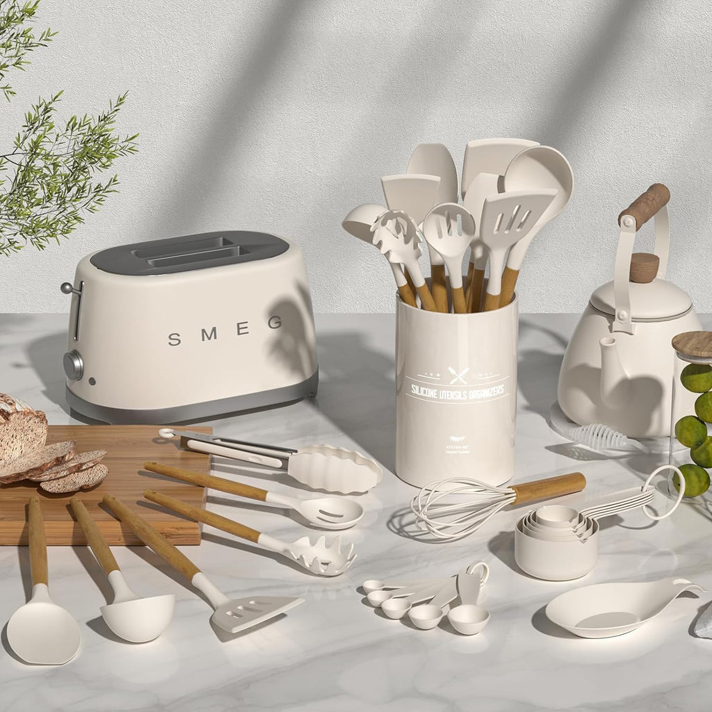 Umite Chef 33-Piece Non-Stick Silicone Cooking Utensils Set - Wooden Handle & Holder Included | Khaki