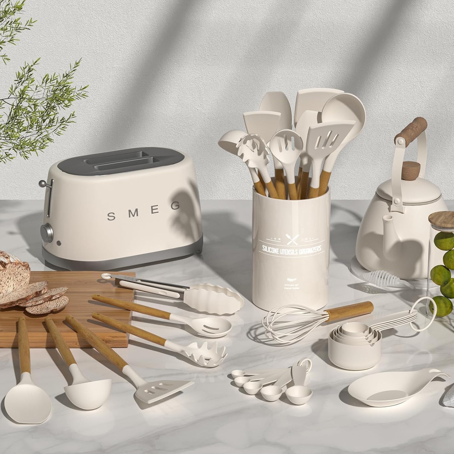 Umite Chef 33-Piece Non-Stick Silicone Cooking Utensils Set - Wooden Handle & Holder Included | Khaki