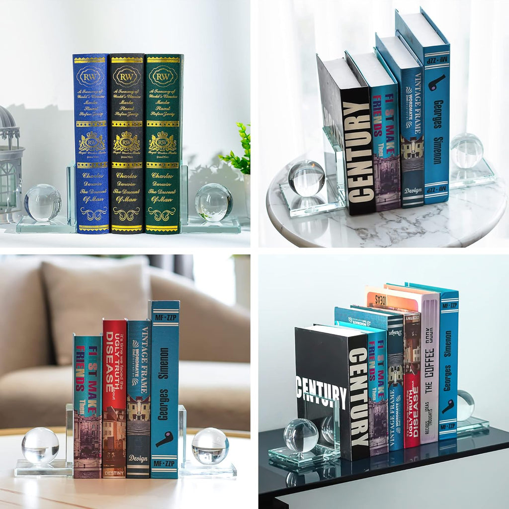 Skiennix Crystal Bookends - Sturdy L-Shape Design with Non-Skid Base | 4-Inch Clear Decorative Ornaments