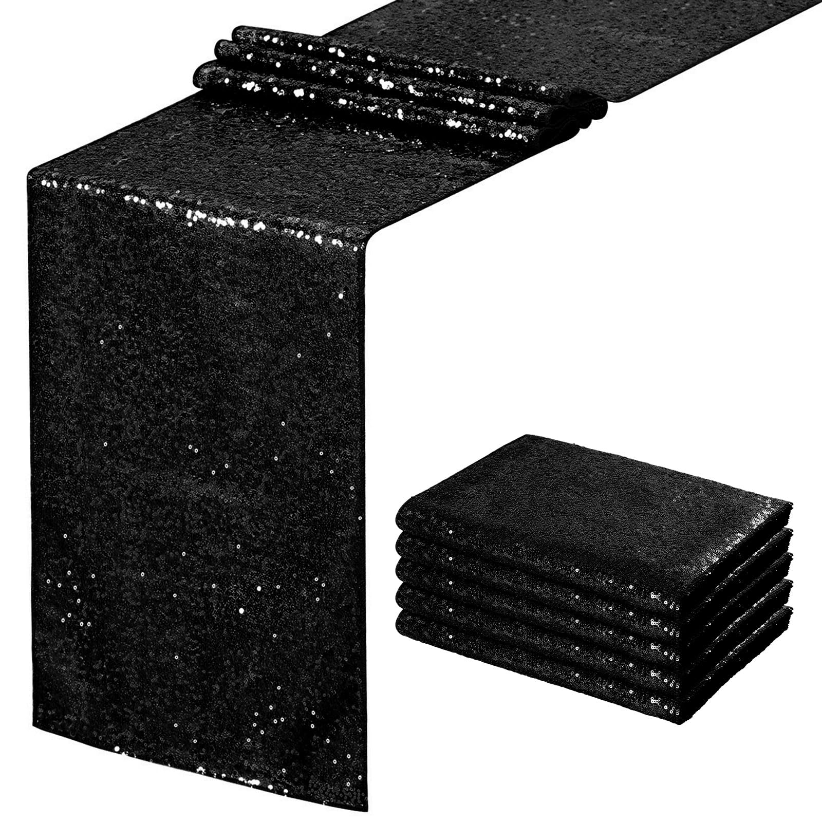 Sequin Table Runners 5 Pieces Black Table Runners 12x72 Inch Glitter Dining Table Cover for Party Wedding Birthday Reception Banquet Decoration Spring Party Chair Sashes
