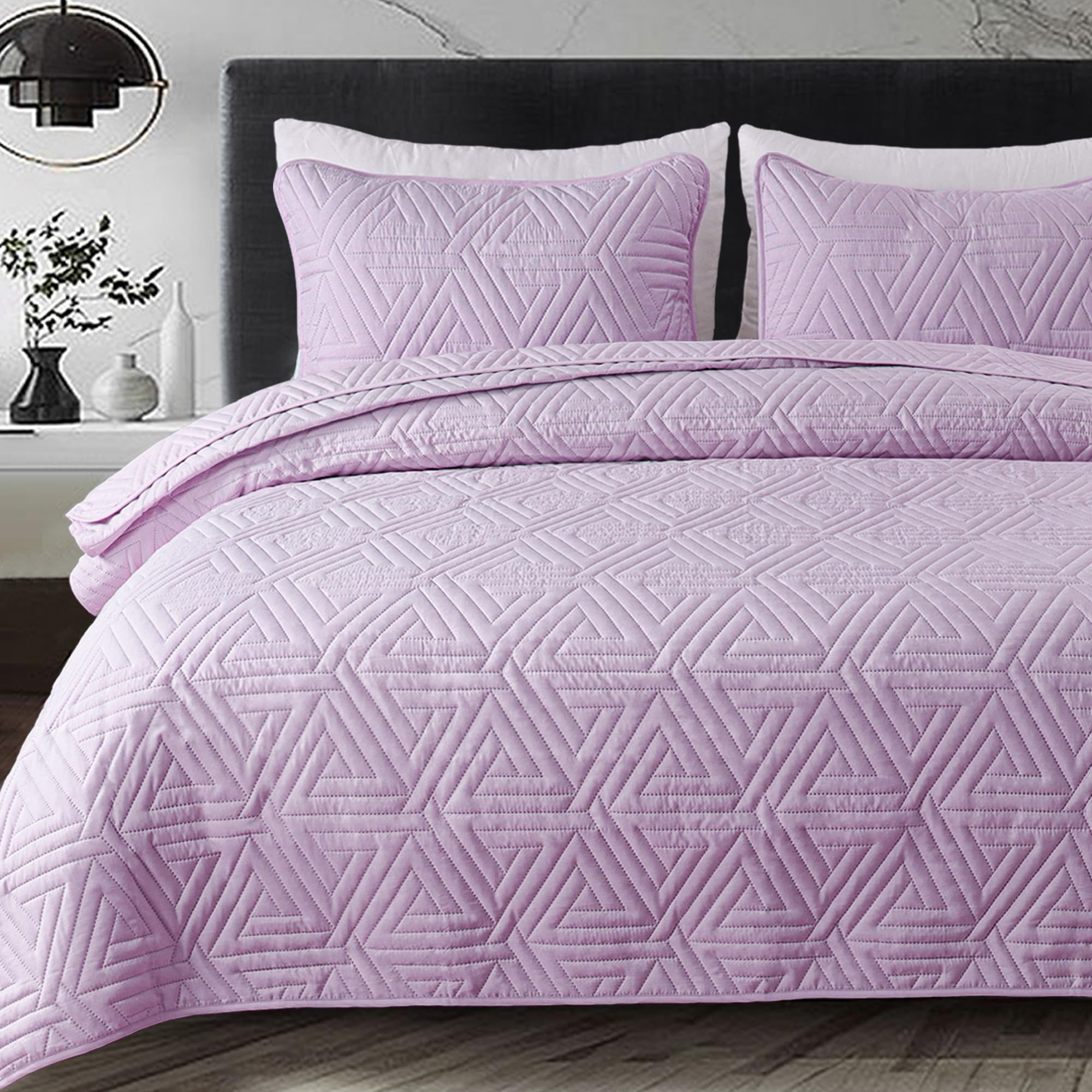 Whale Flotilla Soft Twin Size Quilt Set for All Seasons, 2-Piece Ultrasonic Geometric Quilts Bedding Set, Lightweight Reversible Bedspread, Coverlet, Bed Cover with Pillow Sham, Light Purple