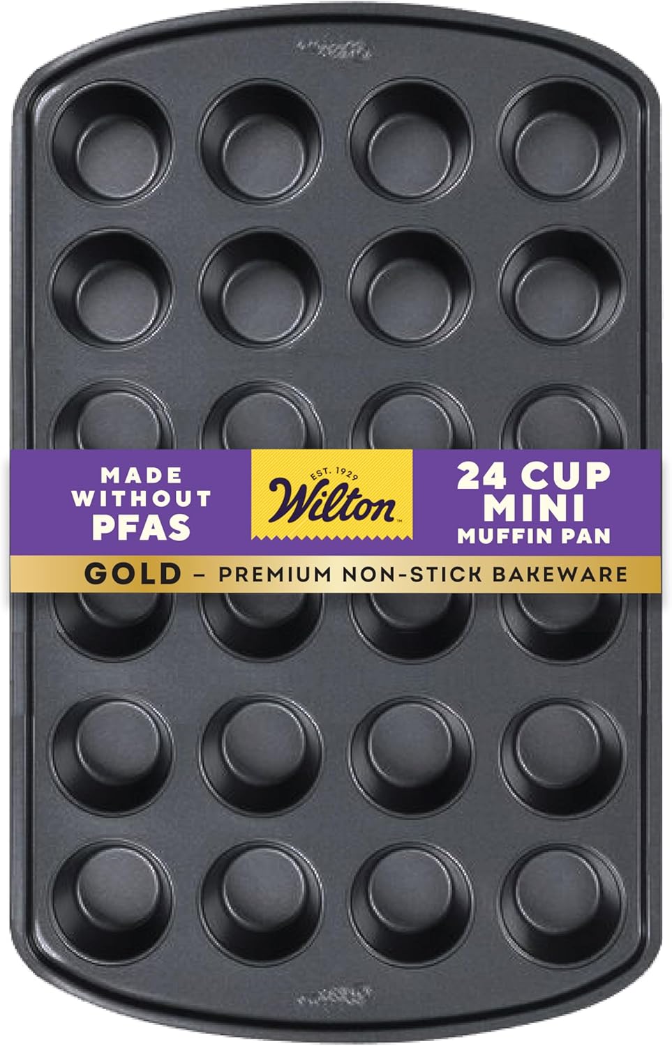 Wilton Gold Non-Stick Mini Muffin Pan - Perfect for Cupcakes & Muffins - PFAS-Free, Scratch Resistant | 16 x 10 x 1 Inch, 24 Cups