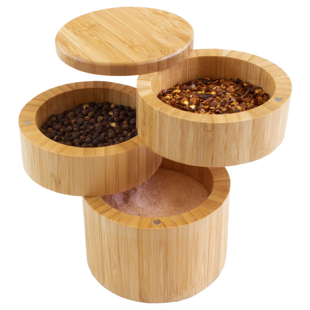 Totally Bamboo Triple Salt Cellar – 3 Tier Bamboo Salt and Pepper Storage Box with Magnetic Swivel Lids, Seasoning Holder for Salt, Herbs, and Spices, 1⅓ Cup Capacity