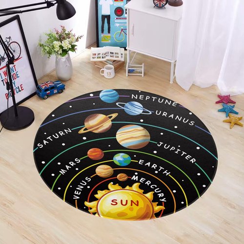Cinbloo Space Rug for Kids Room Galaxy Solar System Area Round Mat for Boys Bedroom Educational Learning Planet Black Nursery Playroom Classroom Soft Floor Carpet (Black, 36"x36")