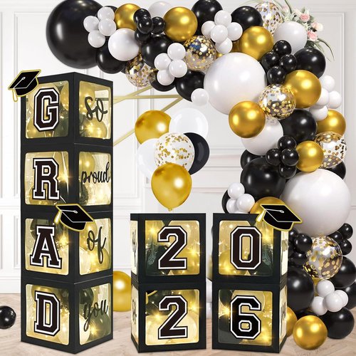DAZONGE Graduation Decorations 2026 - Black & Gold Set with 4 Grad Boxes, 139pcs Balloon Arch & Lights