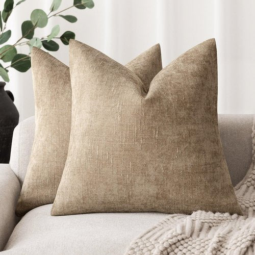 Foindtower Pack of 2 Textured Chenille Throw Decorative Pillow Covers Square Accent Solid Cushion Cover Neutral Farmhouse Pillow Case for Couch Sofa Bedroom Living Room 18x18 Inch,Taupe Khaki Camel