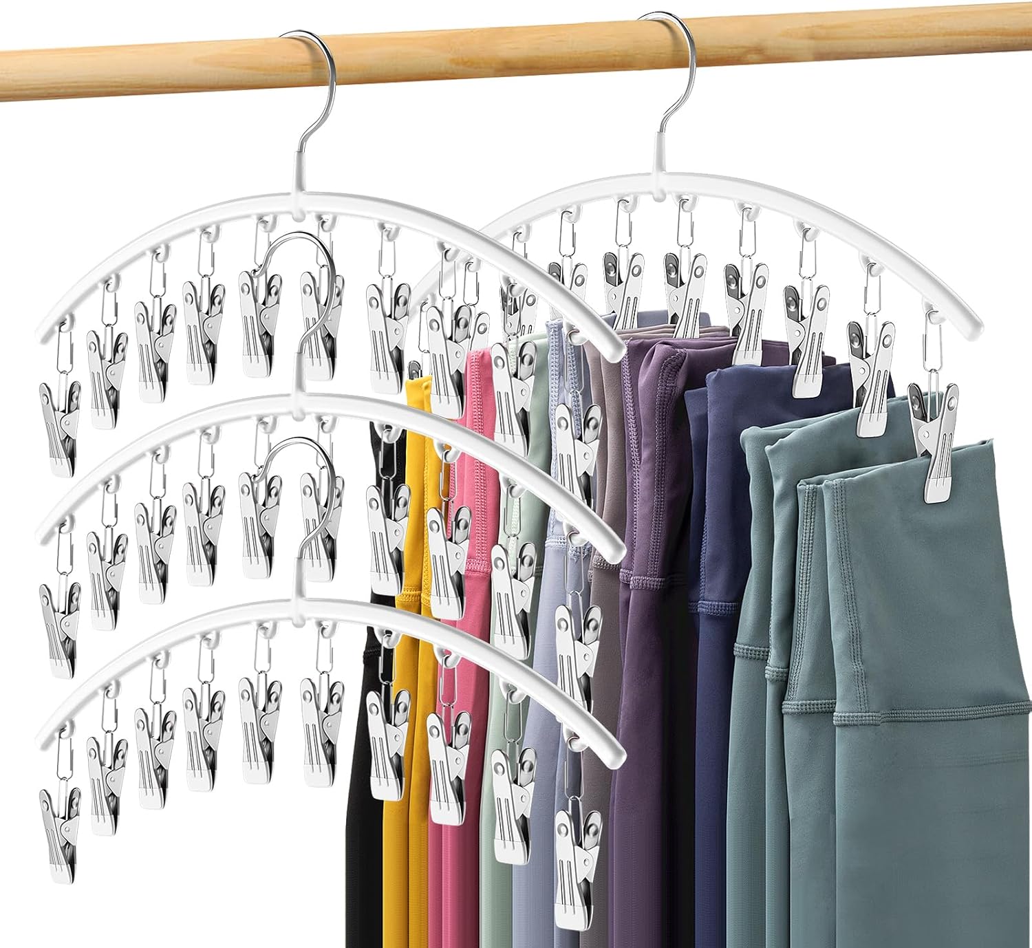 Skiennix Legging Organizer - Space-Saving Metal Yoga Pants Hanger with 10 Clips - White 4-Pack