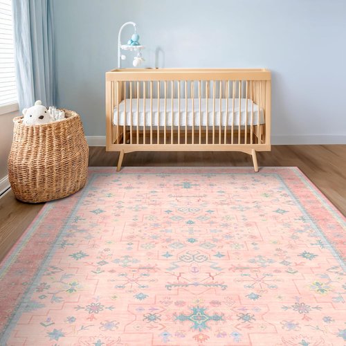 Hazo Haus Washable 5x8 Boho Aesthetic Area Rug - Pink & Blue Vintage Design for Kids' Playroom